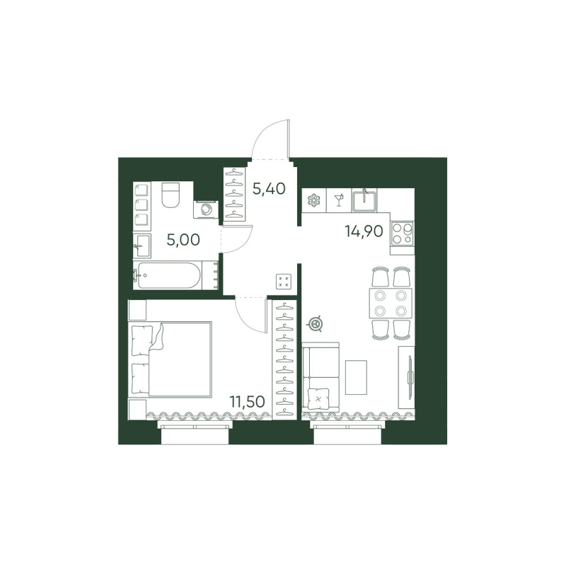 2-комнатная (Евро) квартира, 36.8 м² в ЖК "Моисеенко 10" - планировка, фото №1