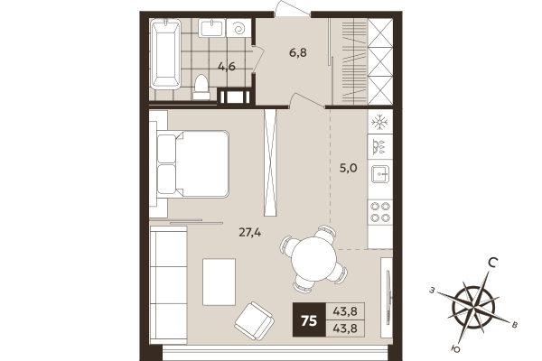 Квартира-студия, 43.8 м² - планировка, фото №1