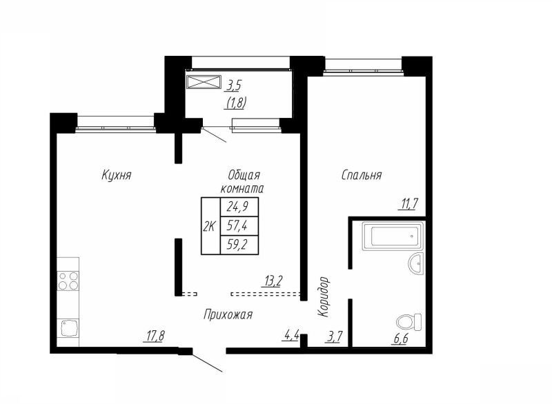 3-комнатная (Евро) квартира, 59.2 м² в ЖК "Сибирь" - планировка, фото №1