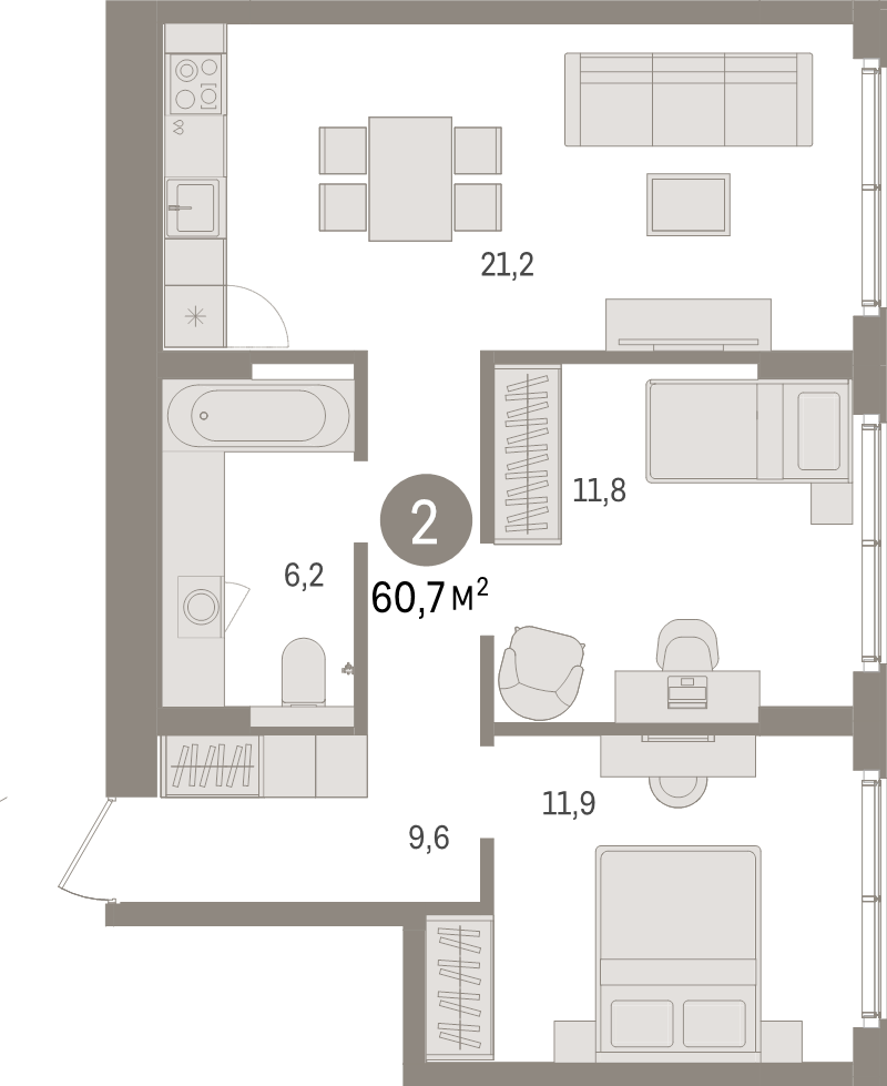 3-комнатная (Евро) квартира, 60.7 м² в ЖК "Брусника в Новоселье" - планировка, фото №1