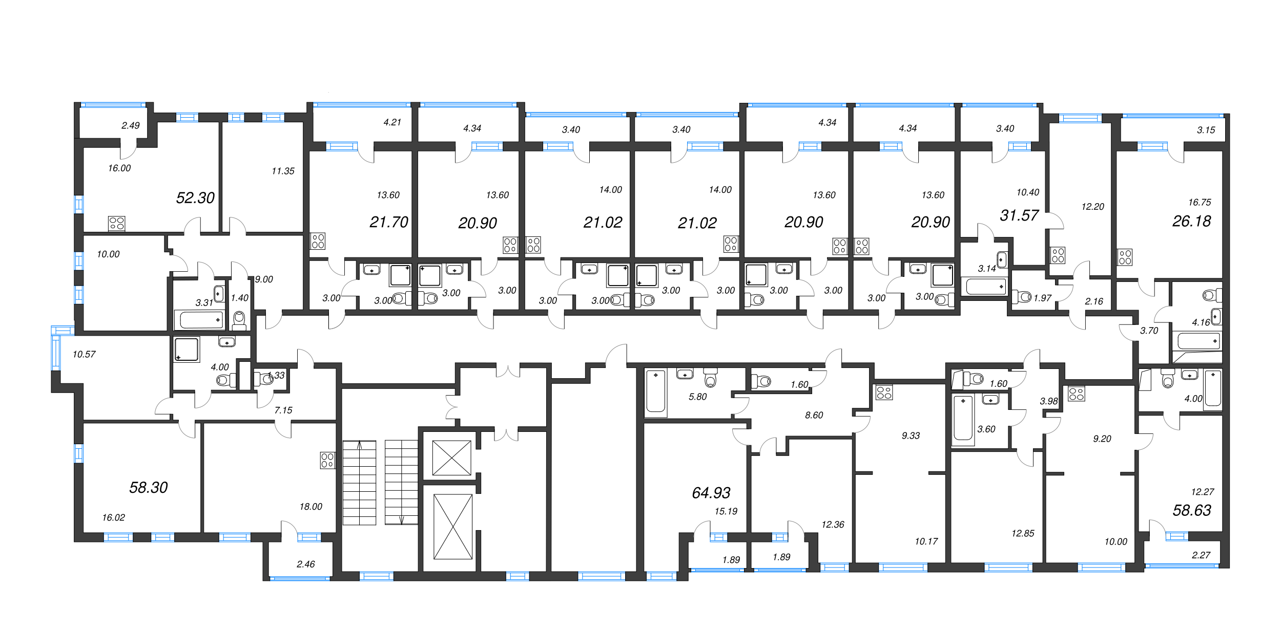 3-комнатная (Евро) квартира, 58.3 м² - планировка этажа