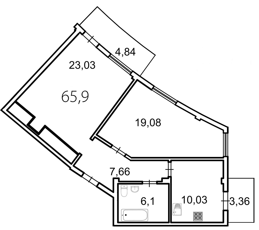 2-комнатная квартира, 68.4 м² - планировка, фото №1