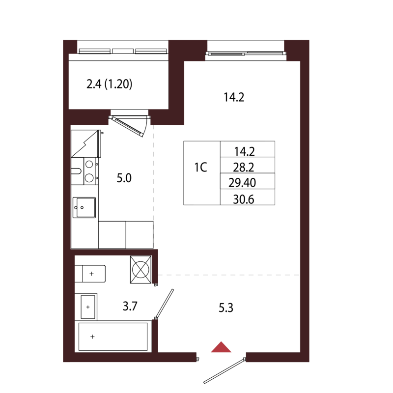 Квартира-студия, 29.4 м² в ЖК "Лисино" - планировка, фото №1