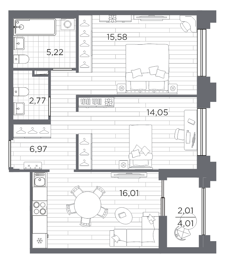 3-комнатная (Евро) квартира, 62.61 м² в ЖК "Ассамблея" - планировка, фото №1