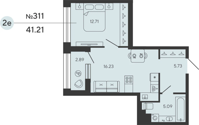 2-комнатная (Евро) квартира, 41.21 м² в ЖК "Bashni Element" - планировка, фото №1