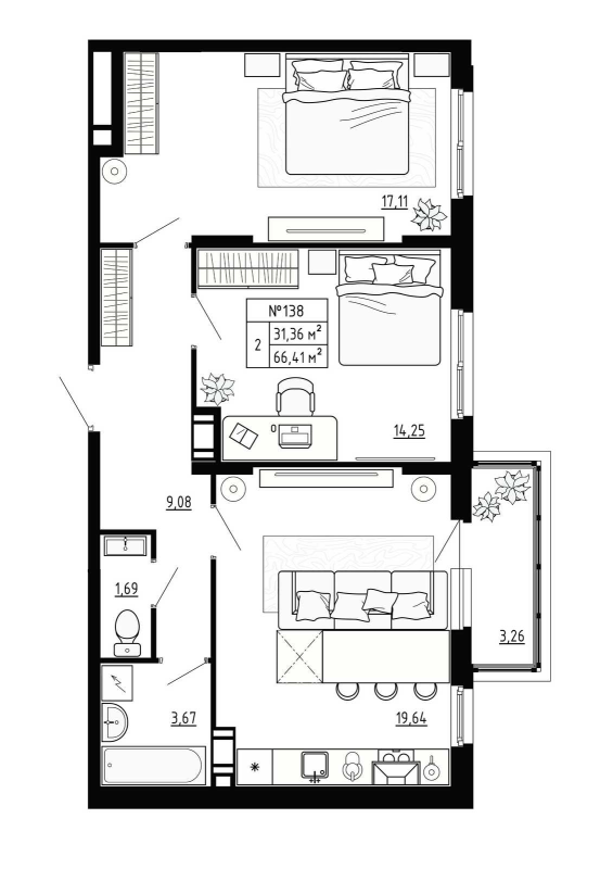 3-комнатная (Евро) квартира, 66.41 м² в ЖК "Аннино Сити" - планировка, фото №1