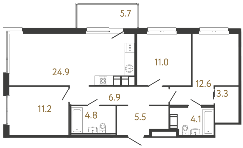 5-комнатная (Евро) квартира, 84.3 м² в ЖК "Передвижники" - планировка, фото №1