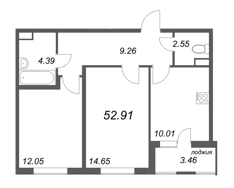 2-комнатная квартира, 52.91 м² - планировка, фото №1