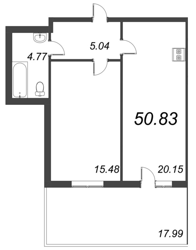 2-комнатная (Евро) квартира, 50.83 м² - планировка, фото №1