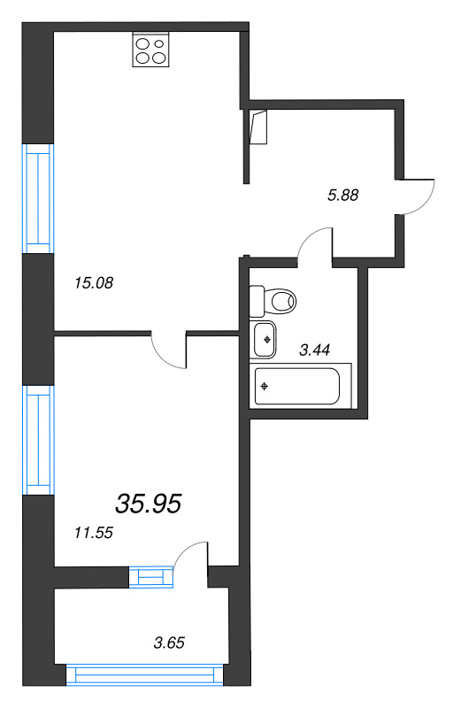 1-комнатная квартира, 35.95 м² - планировка, фото №1