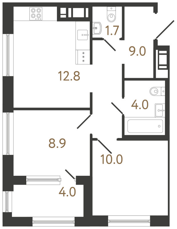 2-комнатная квартира, 46.4 м² в ЖК "Передвижники 2" - планировка, фото №1