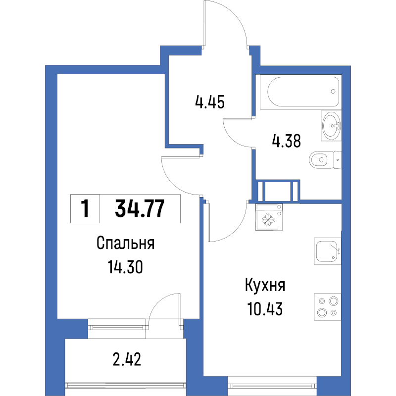 1-комнатная квартира, 34.77 м² - планировка, фото №1