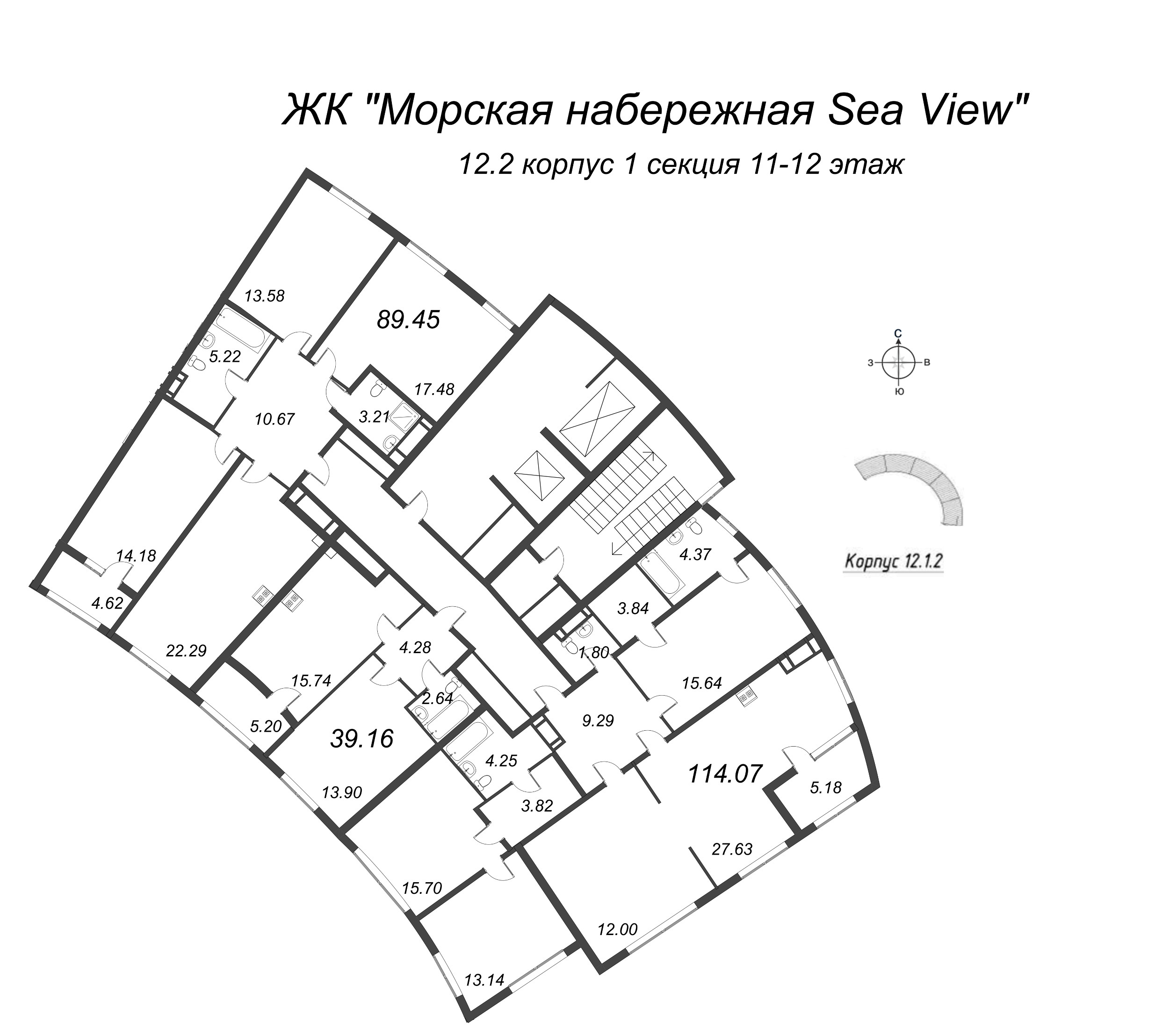 3-комнатная (Евро) квартира, 88.94 м² в ЖК "Морская набережная. SeaView" - планировка этажа