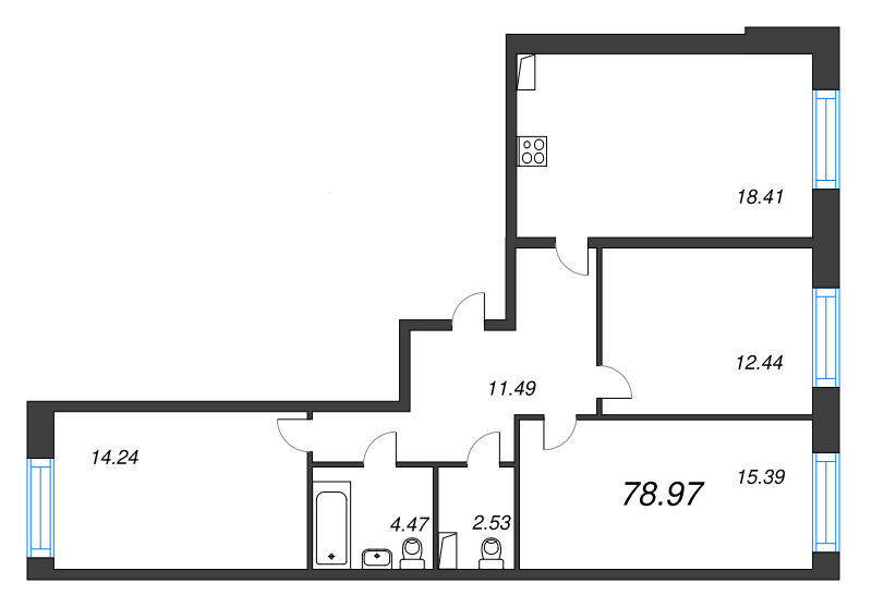 4-комнатная (Евро) квартира, 78.97 м² в ЖК "Остров Первых" - планировка, фото №1