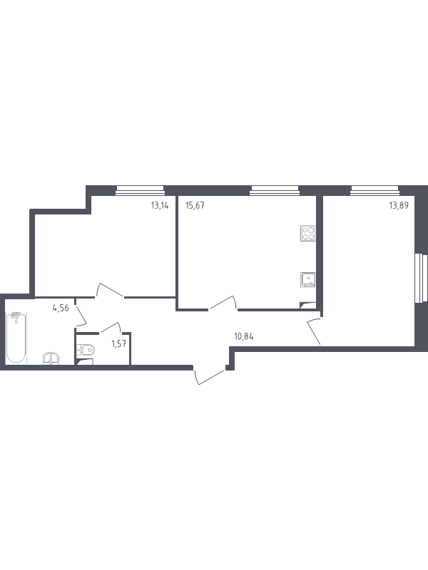 2-комнатная квартира, 59.67 м² - планировка, фото №1