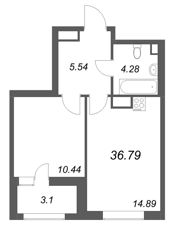 1-комнатная квартира, 36.79 м² в ЖК "Аквилон Солар" - планировка, фото №1