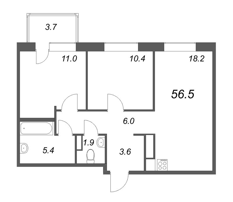 3-комнатная (Евро) квартира, 56.5 м² - планировка, фото №1