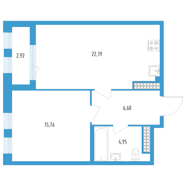 2-комнатная (Евро) квартира, 51.04 м² - планировка, фото №1