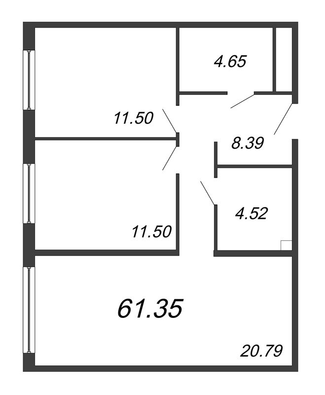 3-комнатная (Евро) квартира, 61.35 м² - планировка, фото №1