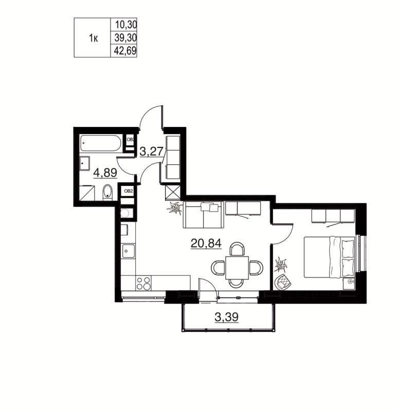 2-комнатная (Евро) квартира, 42.69 м² в ЖК "Соло. Петергоф" - планировка, фото №1