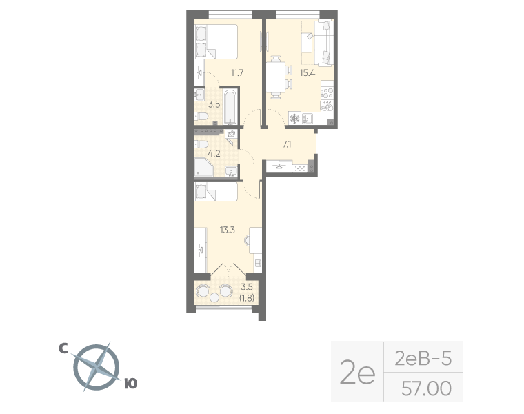 2-комнатная квартира, 57 м² в ЖК "Пулково Lake" - планировка, фото №1