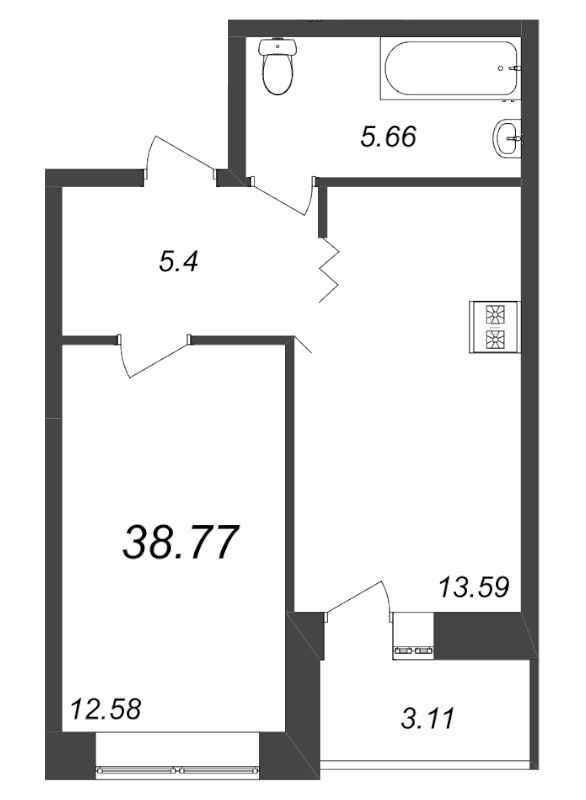 1-комнатная квартира, 38.8 м² в ЖК "Уютный" - планировка, фото №1