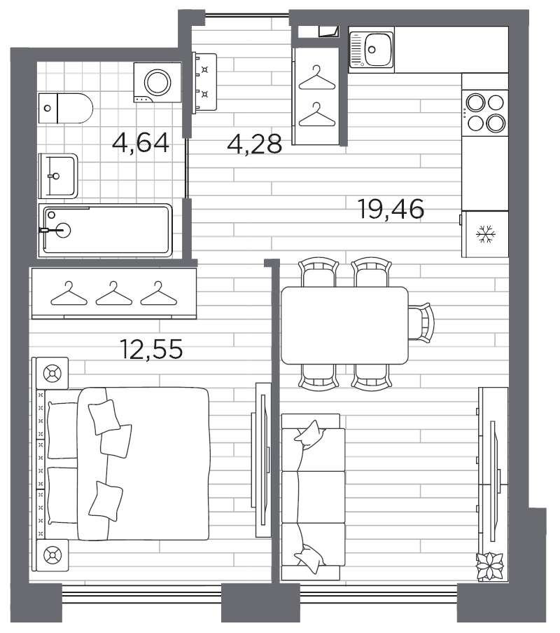 2-комнатная (Евро) квартира, 40.93 м² в ЖК "Галерная гавань" - планировка, фото №1