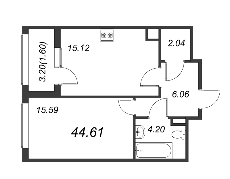 1-комнатная квартира, 44.7 м² - планировка, фото №1