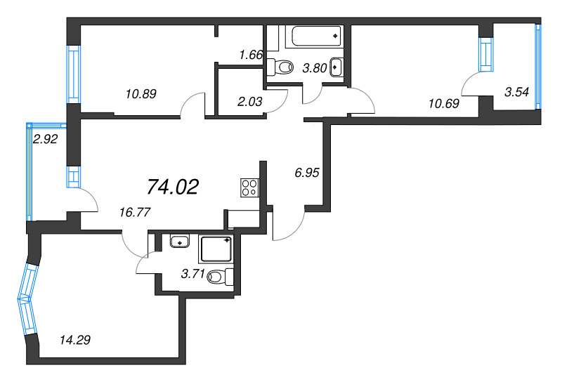 4-комнатная (Евро) квартира, 74.02 м² - планировка, фото №1