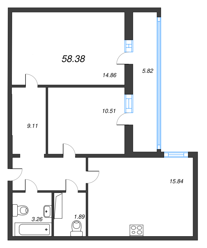3-комнатная (Евро) квартира, 58.38 м² - планировка, фото №1