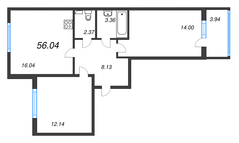3-комнатная (Евро) квартира, 56.04 м² - планировка, фото №1