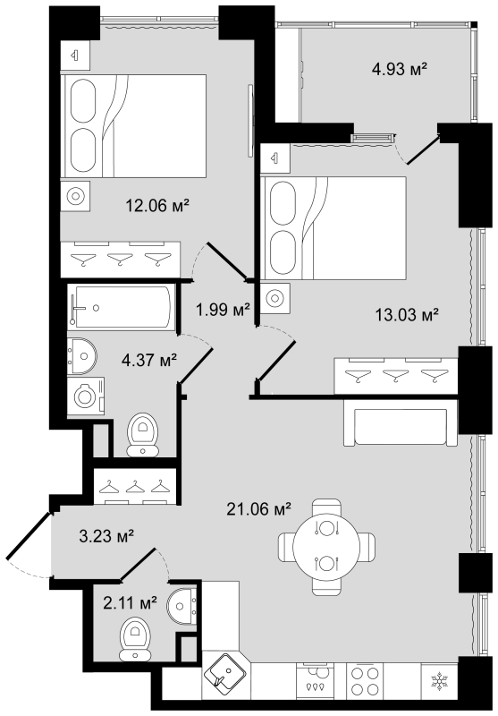 3-комнатная (Евро) квартира, 60.32 м² в ЖК "Новгородская 8" - планировка, фото №1