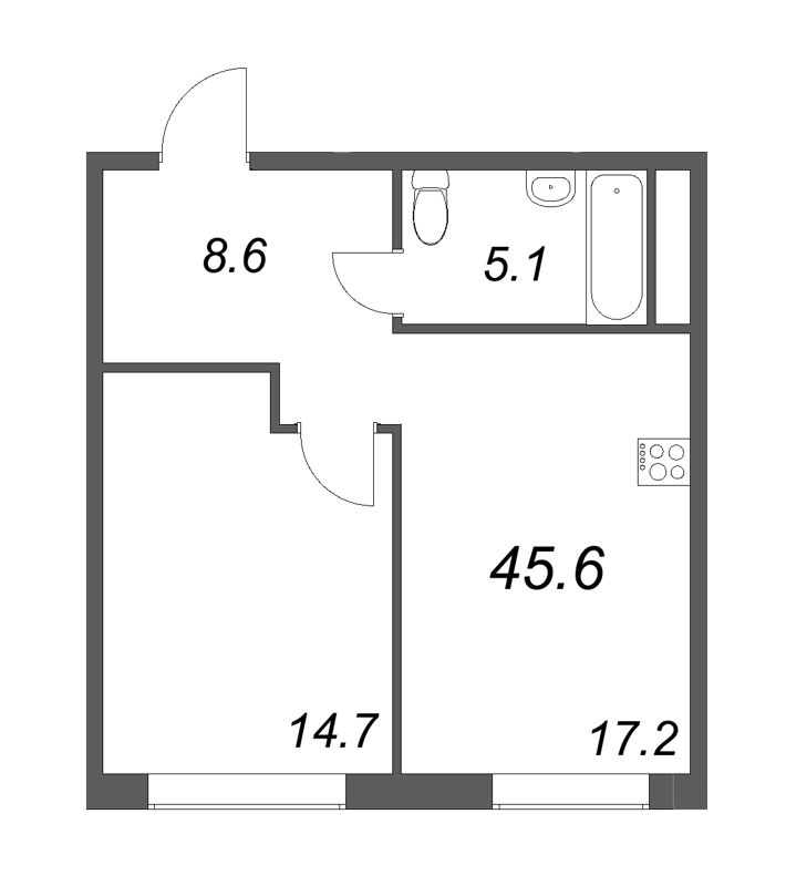 2-комнатная (Евро) квартира, 45.6 м² в ЖК "Визионер" - планировка, фото №1