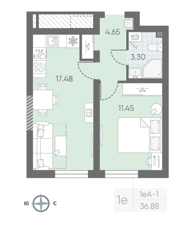 1-комнатная квартира, 36.88 м² в ЖК "Морская миля" - планировка, фото №1