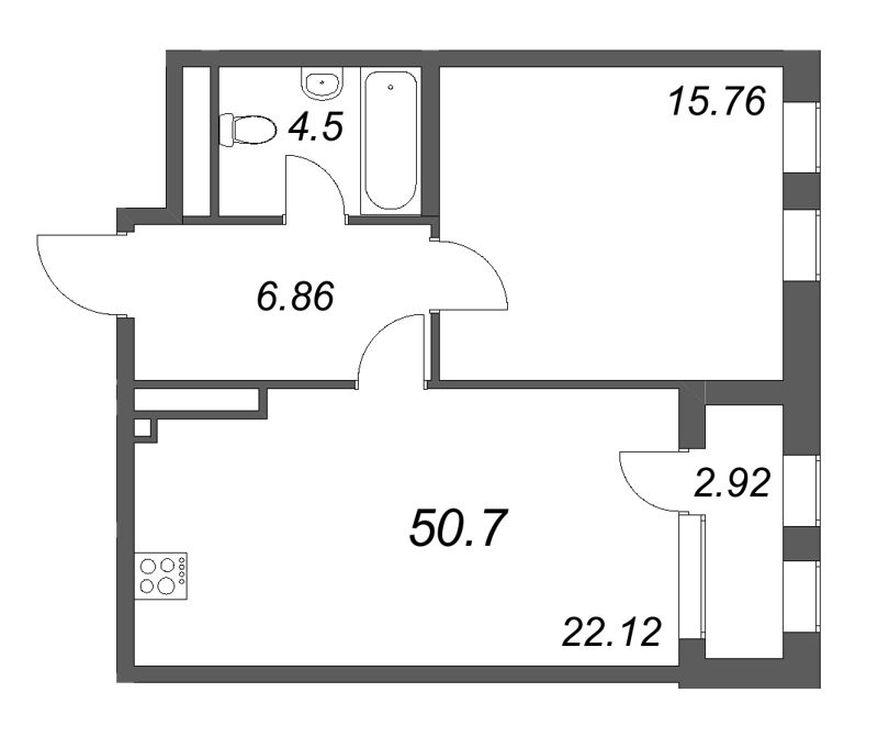 2-комнатная (Евро) квартира, 50.5 м² в ЖК "Дефанс Премиум" - планировка, фото №1