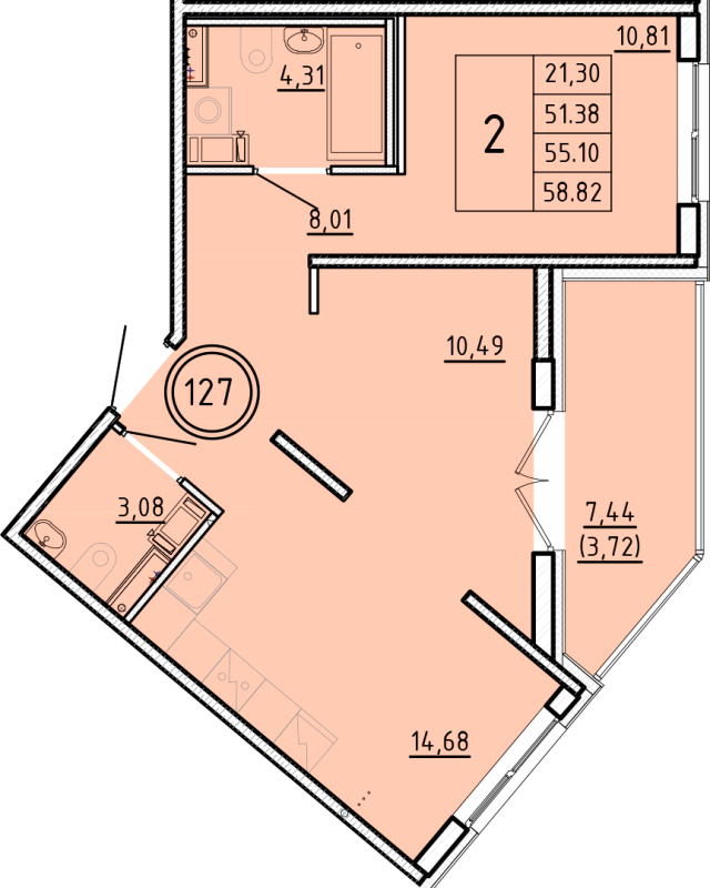 2-комнатная квартира, 51.38 м² - планировка, фото №1