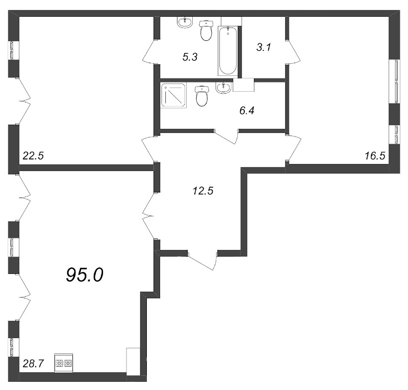 2-комнатная квартира, 95.2 м² в ЖК "Domino Premium" - планировка, фото №1