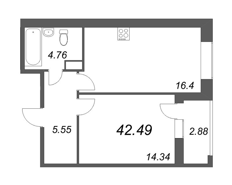 2-комнатная (Евро) квартира, 42.49 м² - планировка, фото №1