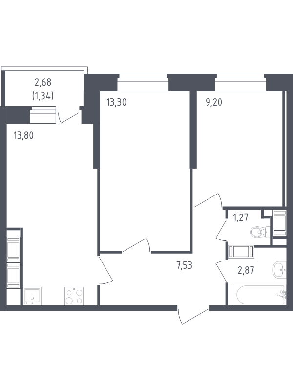 2-комнатная квартира, 49.31 м² в ЖК "Живи! В Рыбацком" - планировка, фото №1