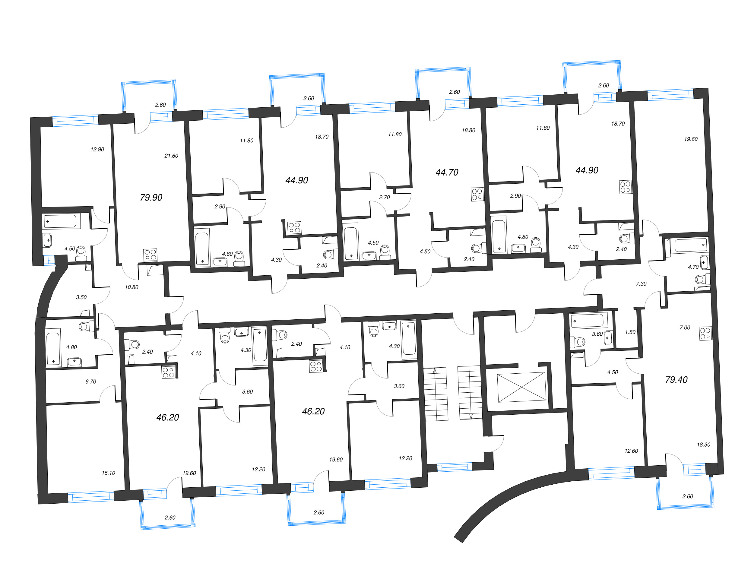 2-комнатная (Евро) квартира, 46.2 м² в ЖК "Цвет Зеленогорска" - планировка этажа