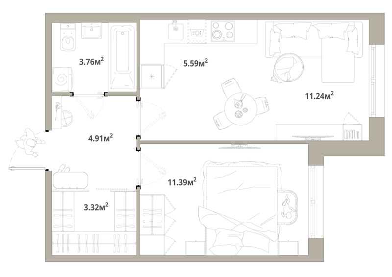 2-комнатная (Евро) квартира, 40.21 м² в ЖК "Тишин" - планировка, фото №1
