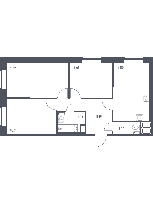 3-комнатная квартира, 61.93 м² - планировка, фото №1