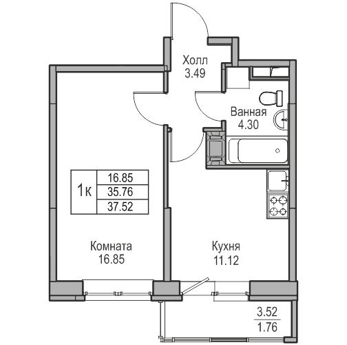 1-комнатная квартира, 37.52 м² в ЖК "Юнтолово" - планировка, фото №1