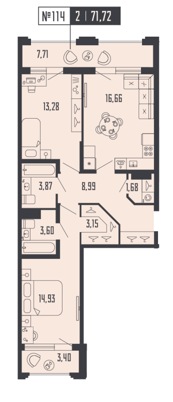 3-комнатная (Евро) квартира, 71.72 м² - планировка, фото №1