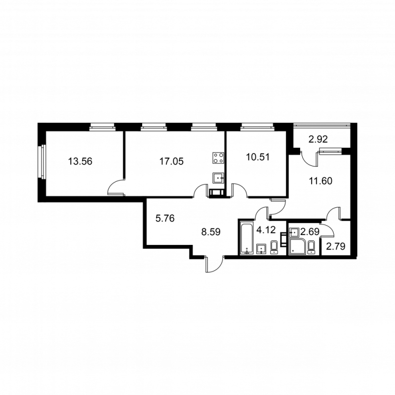 4-комнатная (Евро) квартира, 77.75 м² - планировка, фото №1