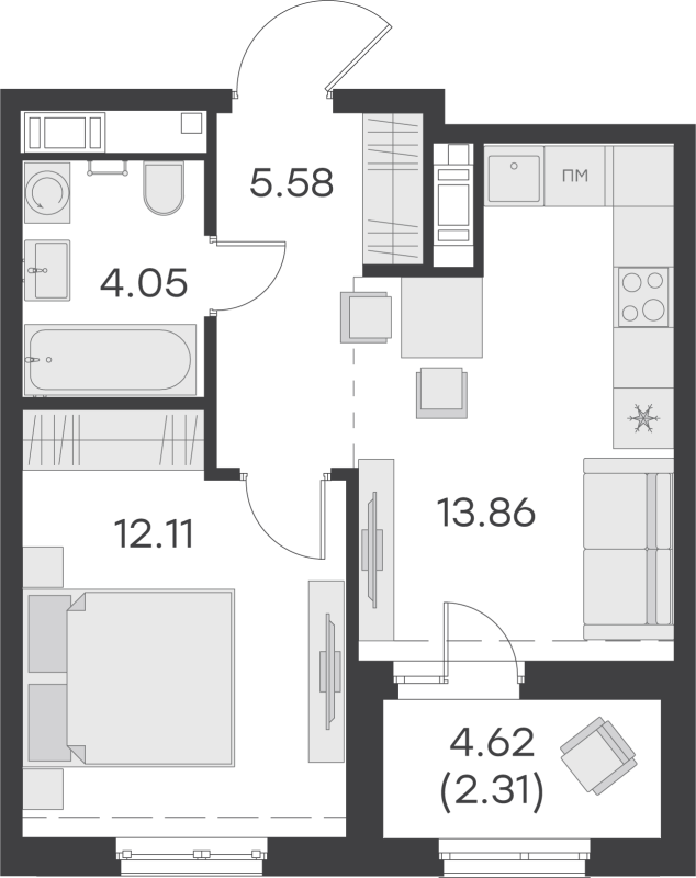 1-комнатная квартира, 37.91 м² - планировка, фото №1