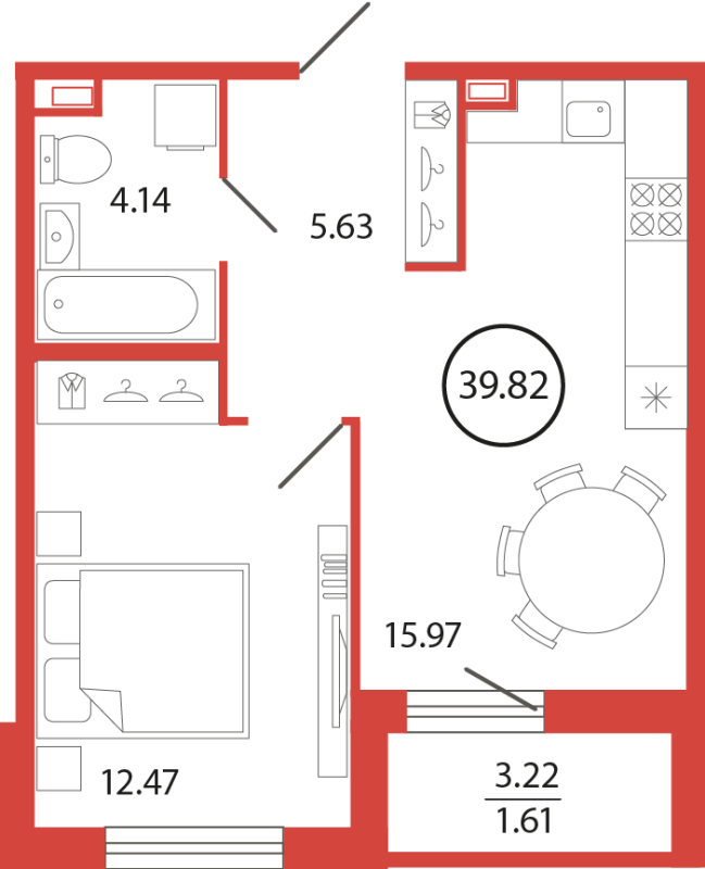 2-комнатная (Евро) квартира, 39.82 м² в ЖК "Энфилд" - планировка, фото №1