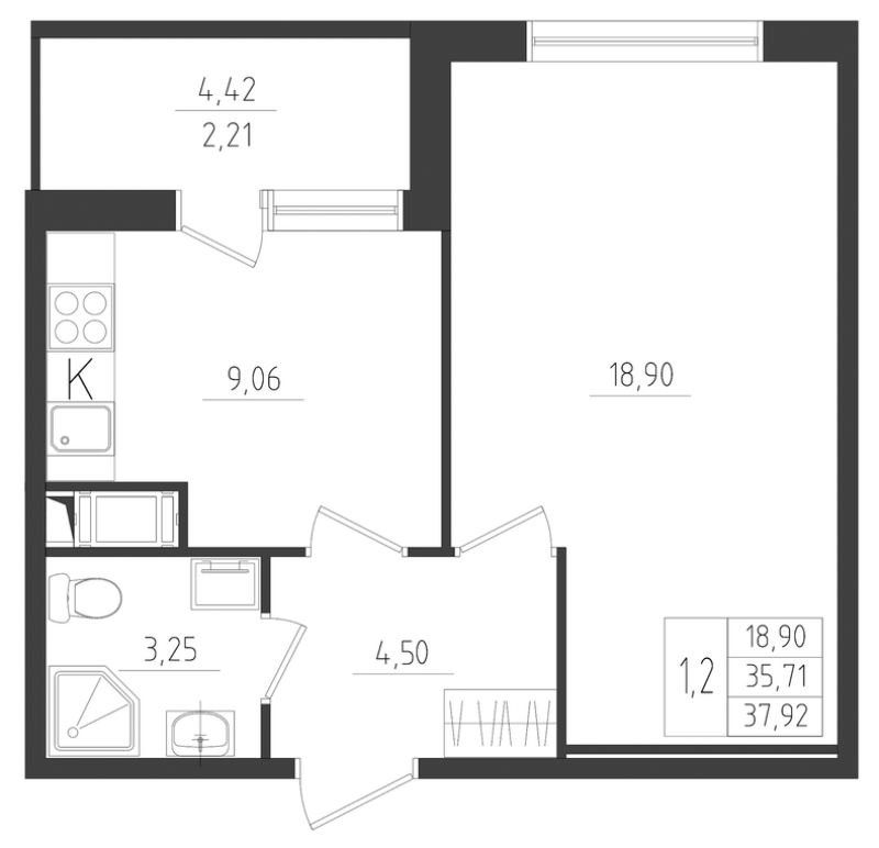 1-комнатная квартира, 37.92 м² - планировка, фото №1