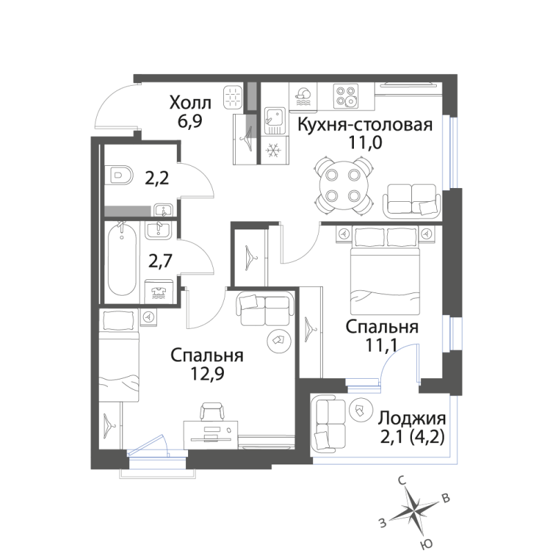 2-комнатная квартира, 48.9 м² в ЖК "Экография" - планировка, фото №1