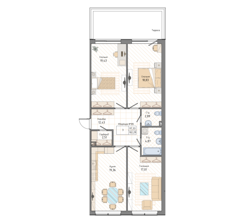 3-комнатная квартира, 102.29 м² в ЖК "Мануфактура James Beck" - планировка, фото №1